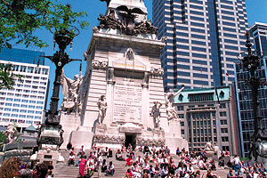 The Soldiers' and Sailors' Monument is the central hub of downtown Indianapolis.